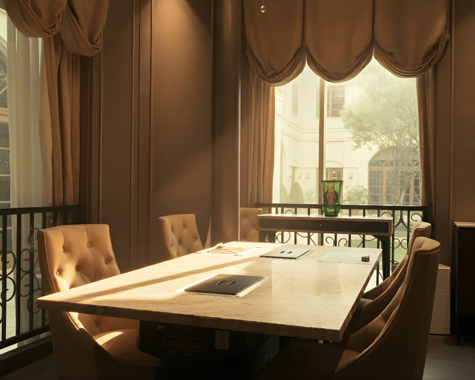 Salon d'hôtel avec grande table et rideaux